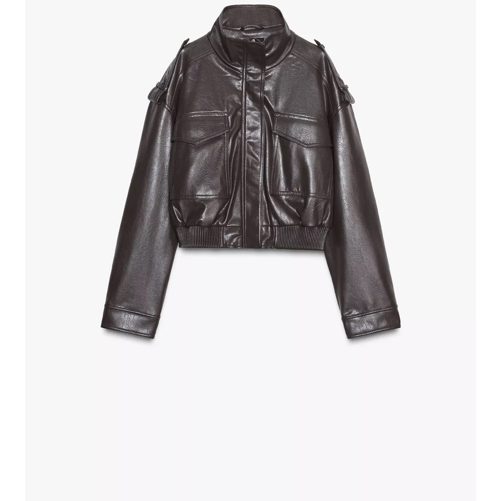 Zara Dark Brown Leather Bomber Jacket